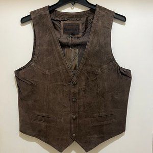 Men's Brown Leather Suede Vest By Dona Michi, Real Leather Suede - NEW